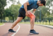 Como reconhecer lesões musculares e cuidar da recuperação Atleta em pista segura joelho direito dolorido, destaque digital vermelho mostra área afetada, representando lesões musculares comuns durante corrida.