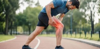 Como reconhecer lesões musculares e cuidar da recuperação Atleta em pista segura joelho direito dolorido, destaque digital vermelho mostra área afetada, representando lesões musculares comuns durante corrida.