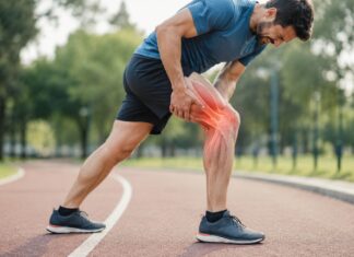Como reconhecer lesões musculares e cuidar da recuperação Atleta em pista segura joelho direito dolorido, destaque digital vermelho mostra área afetada, representando lesões musculares comuns durante corrida.