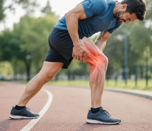 Como reconhecer lesões musculares e cuidar da recuperação Atleta em pista segura joelho direito dolorido, destaque digital vermelho mostra área afetada, representando lesões musculares comuns durante corrida.