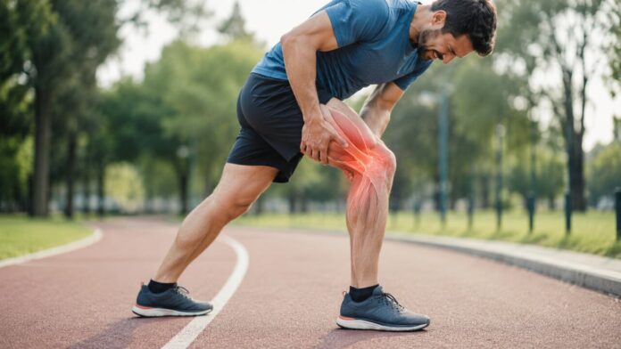 lesoes-musculares Atleta em pista segura joelho direito dolorido, destaque digital vermelho mostra área afetada, representando lesões musculares comuns durante corrida.