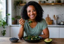 Alimentos para fortalecer a imunidade: o que incluir na rotina? Pessoa sorridente em cozinha moderna saboreia salada fresca com abacate e mirtilos, alimentos para fortalecer a imunidade.