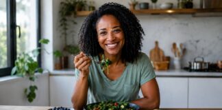 Alimentos para fortalecer a imunidade: o que incluir na rotina? Pessoa sorridente em cozinha moderna saboreia salada fresca com abacate e mirtilos, alimentos para fortalecer a imunidade.