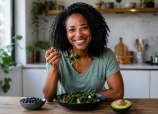 Alimentos para fortalecer a imunidade: o que incluir na rotina? Pessoa sorridente em cozinha moderna saboreia salada fresca com abacate e mirtilos, alimentos para fortalecer a imunidade.