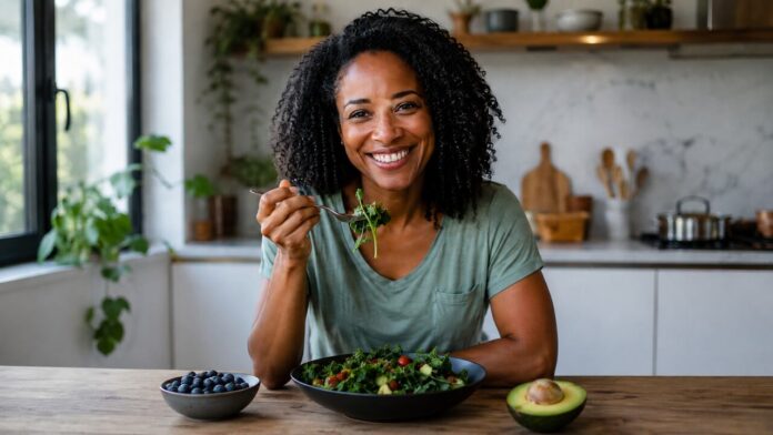 alimentos-para-fortalecer-a-imunidade Pessoa sorridente em cozinha moderna saboreia salada fresca com abacate e mirtilos, alimentos para fortalecer a imunidade.