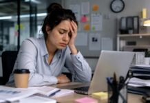 Como tratar o burnout e prevenir novos episódios Pessoa cansada em mesa de escritório com laptop e papéis, refletindo sobre como tratar o burnout no ambiente de trabalho.