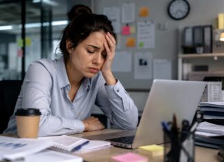 Como tratar o burnout e prevenir novos episódios Pessoa cansada em mesa de escritório com laptop e papéis, refletindo sobre como tratar o burnout no ambiente de trabalho.