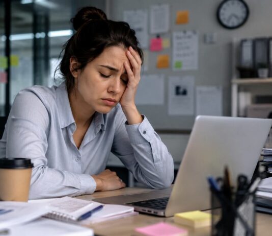 Como tratar o burnout e prevenir novos episódios Pessoa cansada em mesa de escritório com laptop e papéis, refletindo sobre como tratar o burnout no ambiente de trabalho.