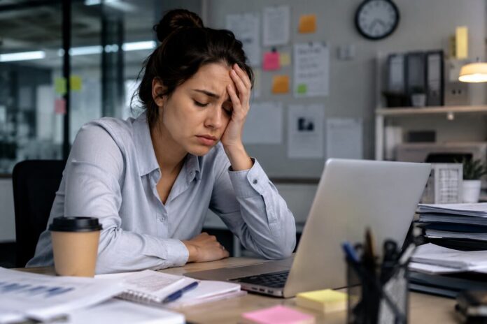 como-tratar-o-burnout Pessoa cansada em mesa de escritório com laptop e papéis, refletindo sobre como tratar o burnout no ambiente de trabalho.