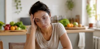 Deficiência de vitaminas: sintomas, causas e como prevenir Pessoa cansada na cozinha diante de frutas e cereais, sugerindo rotina alimentar ligada à deficiência de vitaminas no dia a dia.