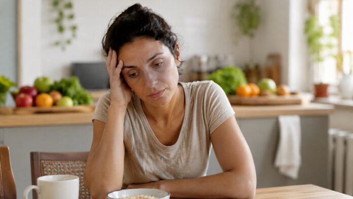 deficiencia-de-vitaminas Pessoa cansada na cozinha diante de frutas e cereais, sugerindo rotina alimentar ligada à deficiência de vitaminas no dia a dia.