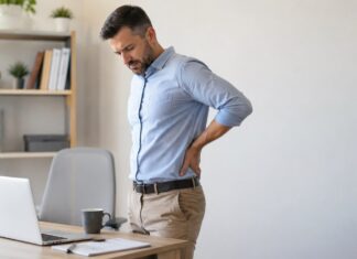 Problemas de coluna: conheça os principais tipos e como prevenir Adulto em escritório inclinado segurando lombar, ilustrando desconforto físico relacionado a problemas de coluna causados por postura inadequada.